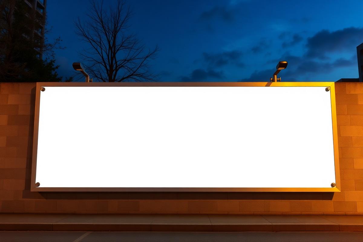 Large outdoor advertising banner mounted on a wall at dusk