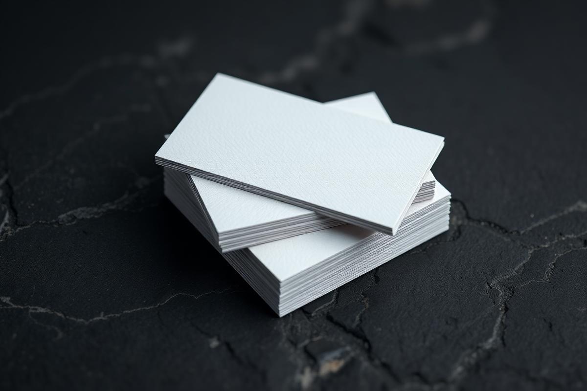 Stack of minimal white business cards on a dark stone surface