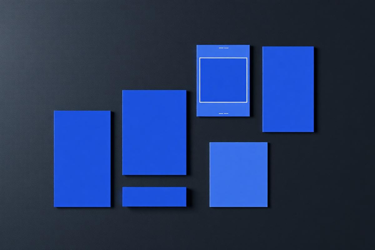 Set of blue social media post designs arranged on a dark surface