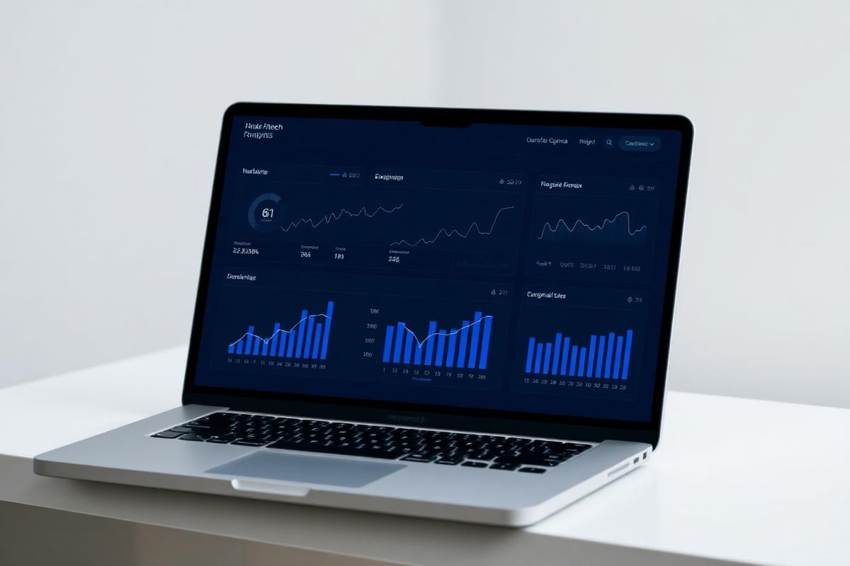Dark analytics dashboard website design displayed on a laptop