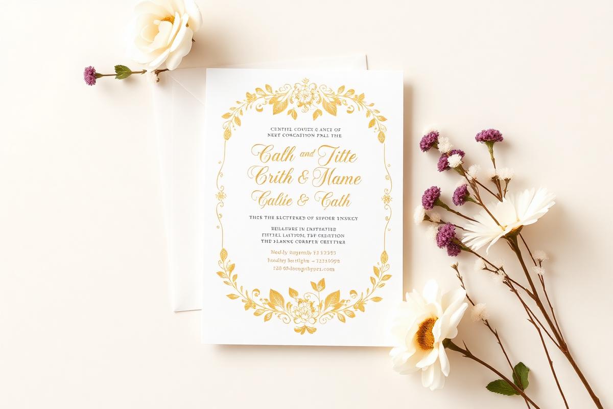 Elegant wedding invitation card with gold floral detailing and dried flowers